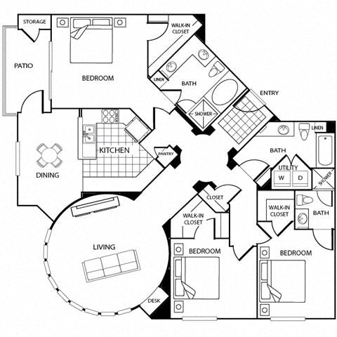 Floor plan for 3 beds, 3 baths, 1694 sqft